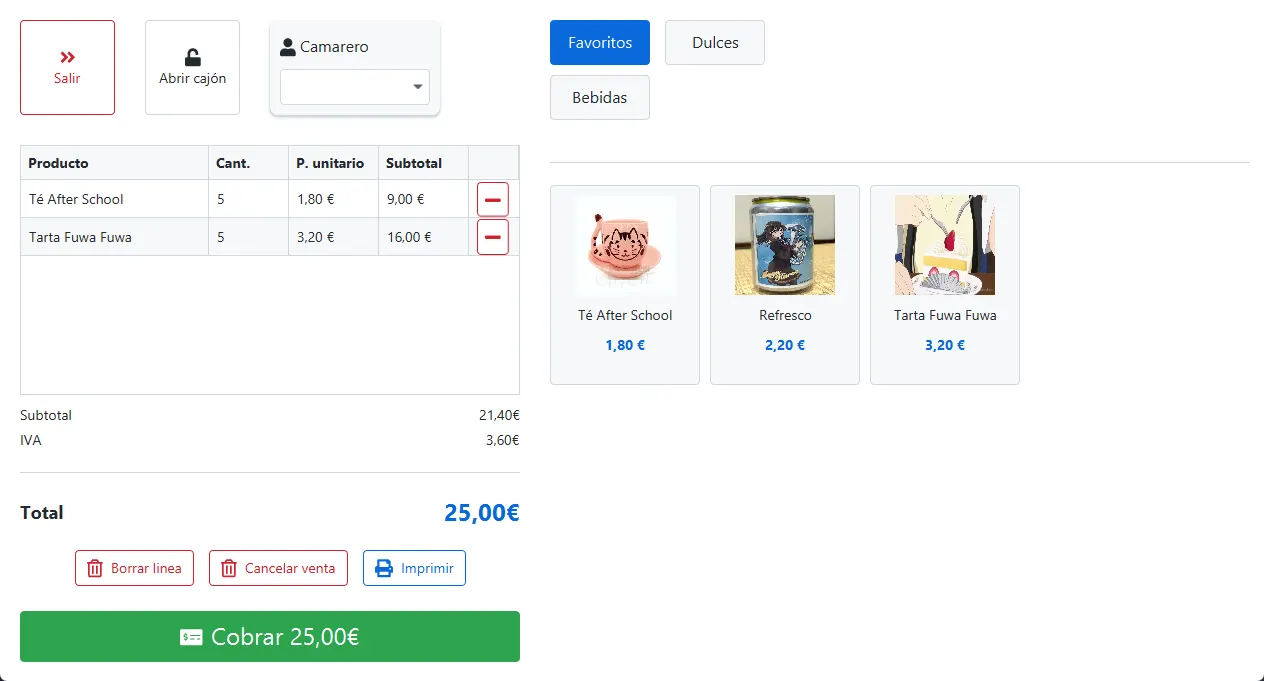 Pantalla de ventas de FreeTPV con categorías, productos y ticket
